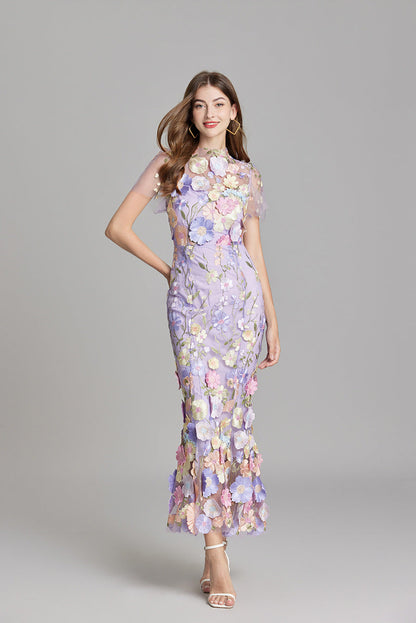 Women's long dress – Embroidered tulle – Fitted cut – Sheer high collar – Short sleeves
