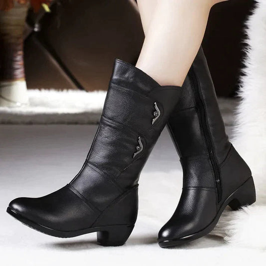 Women’s Mid-Calf Winter Boots – Sleek Leather-Like Finish – Side Zip – Low Heel Comfort