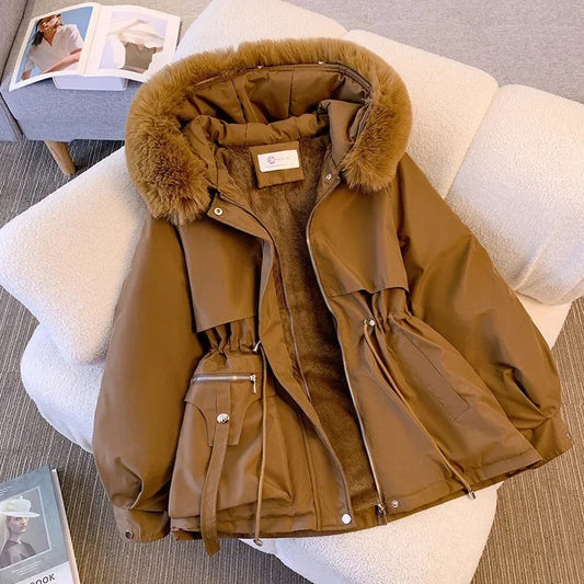 Women's Coat - Synthetic Fabric - Relaxed Fit - Mid-thigh Length - Hood with Stand-up Collar - Adjustable Waist