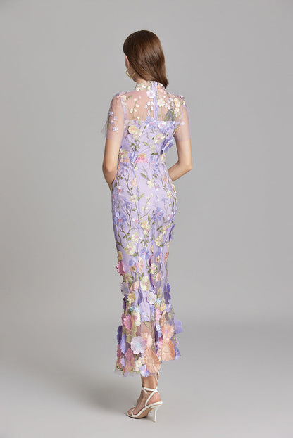 Women's long dress – Embroidered tulle – Fitted cut – Sheer high collar – Short sleeves