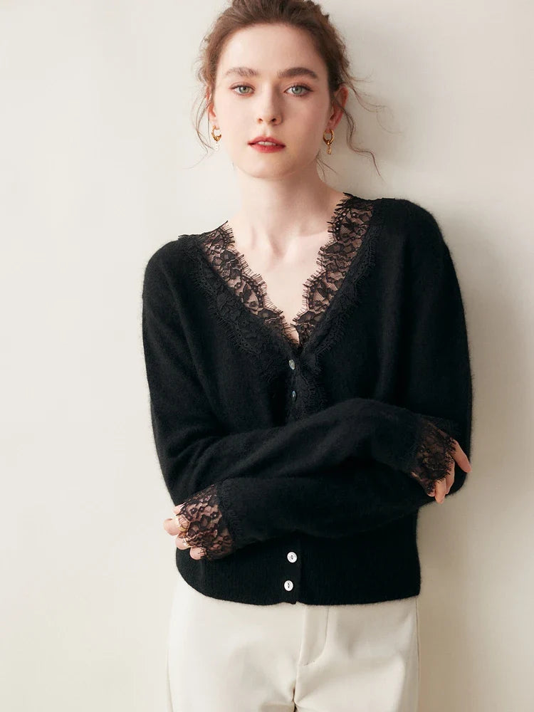 Ilaria Relaxed Fit Cardigan | Lace Trim V-Neck Cardigan
