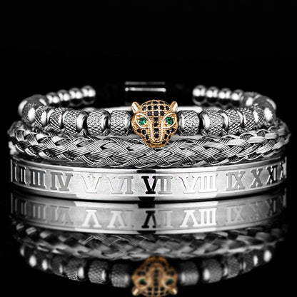 Bracelet Set With Crystal Panther Motif and Roman Numerals