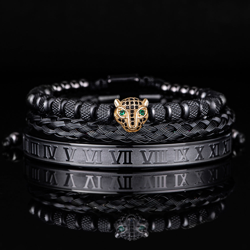 Bracelet Set With Crystal Panther Motif and Roman Numerals