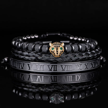 Bracelet Set With Crystal Panther Motif and Roman Numerals