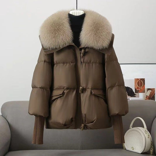 Women's Quilted Jacket - Synthetic Fabric - Stand Collar - Oversize Cut - Hip Length