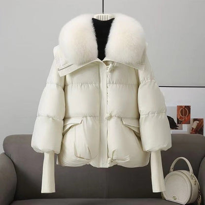 Women's Quilted Jacket - Synthetic Fabric - Stand Collar - Oversize Cut - Hip Length