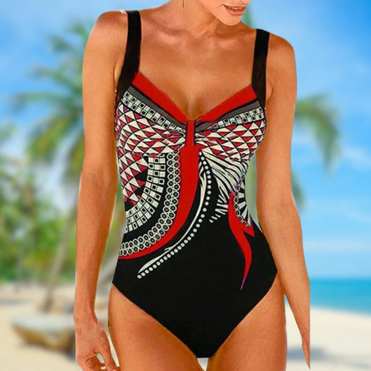 Women's one-piece swimsuit – Fitted cut – Wide straps – Geometric pattern – Stretch fabric