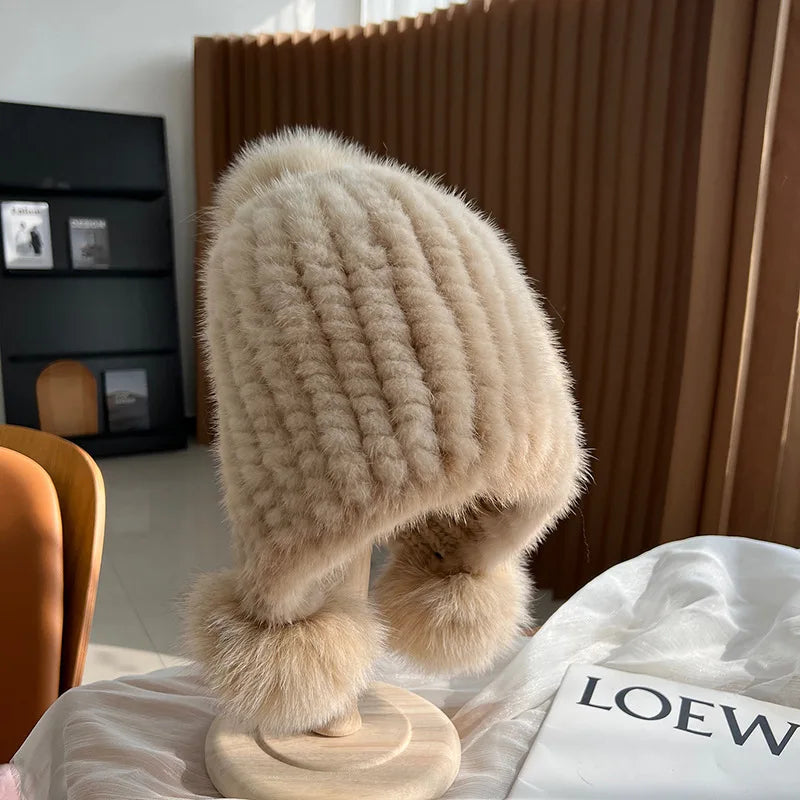 Ginevra Earflap Hat | Pom-Pom Details, Ribbed Texture Hat
