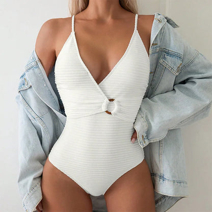 Women's 1-piece swimsuit – Plunging neckline – Ribbed – Knot detail – Fitted cut