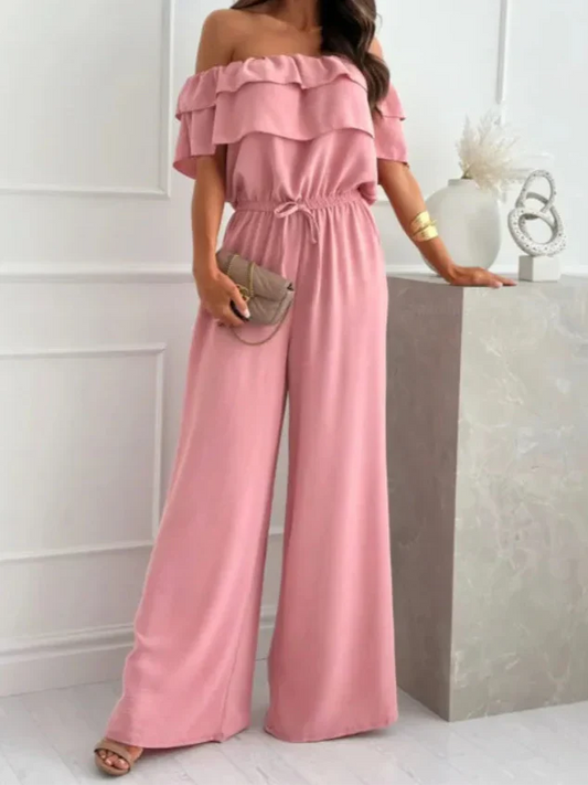 Women's Jumpsuit – Off-The-Shoulder – Wide Legs – Ruffles – Breathable Fabric