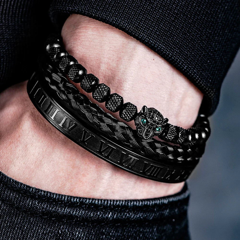 Bracelet Set With Crystal Panther Motif and Roman Numerals