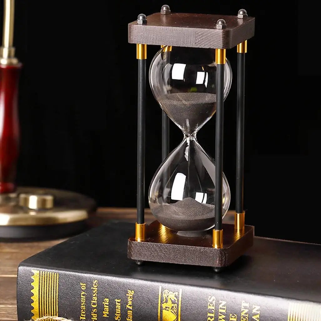 Modern Glass and Wood Hourglass Timer With Gold Accents