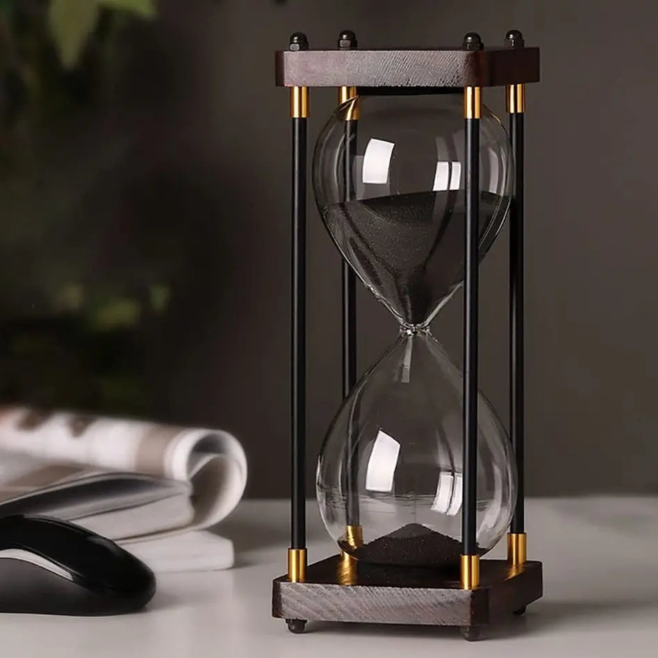 Modern Glass and Wood Hourglass Timer With Gold Accents