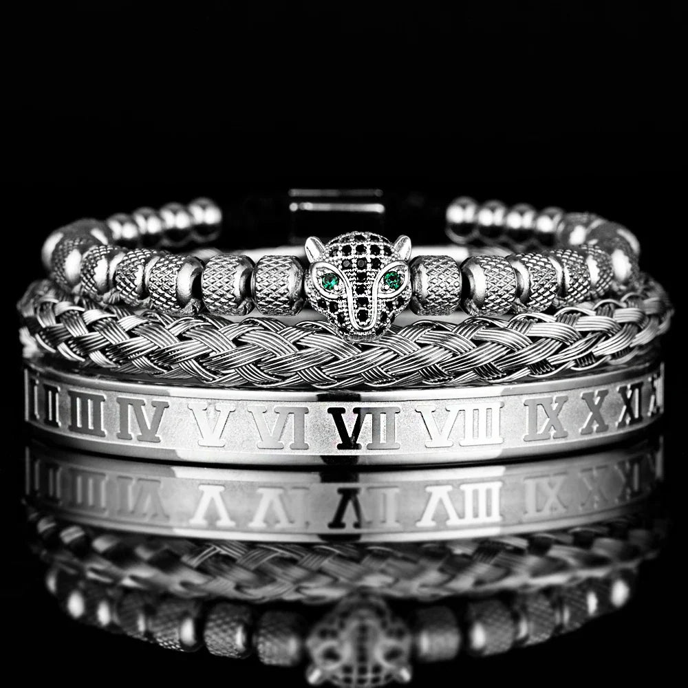 Bracelet Set With Crystal Panther Motif and Roman Numerals