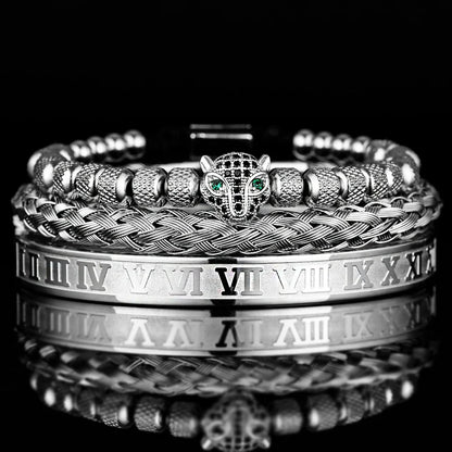 Bracelet Set With Crystal Panther Motif and Roman Numerals