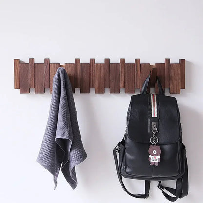 Minimalist Walnut Wood Wall Mounted Coat Rack With Flip-Down Hooks