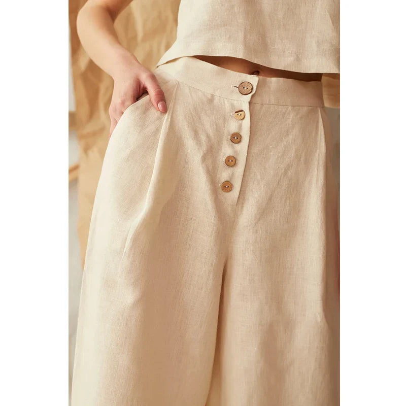 Women's High-Waisted Button Front Wide-Leg Pants – Relaxed Casual Style