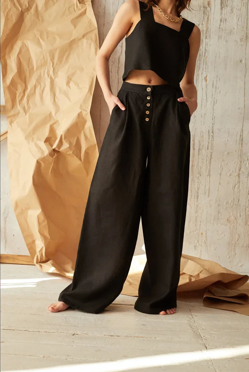 Women's High-Waisted Button Front Wide-Leg Pants – Relaxed Casual Style