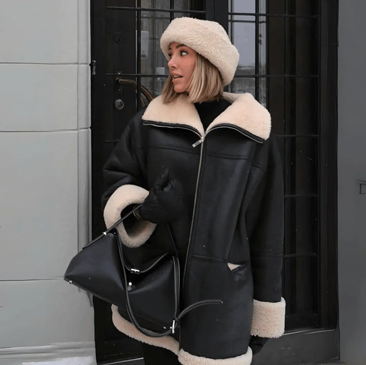 Veste femme – Coupe oversize décontractée – Doublure douce – Col tailleur zippé – Longueur hanches