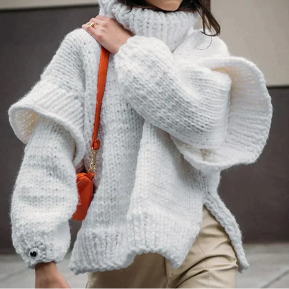 Pull femme à col roulé – Coupe oversize – Maille épaisse – Texture côtelée douce