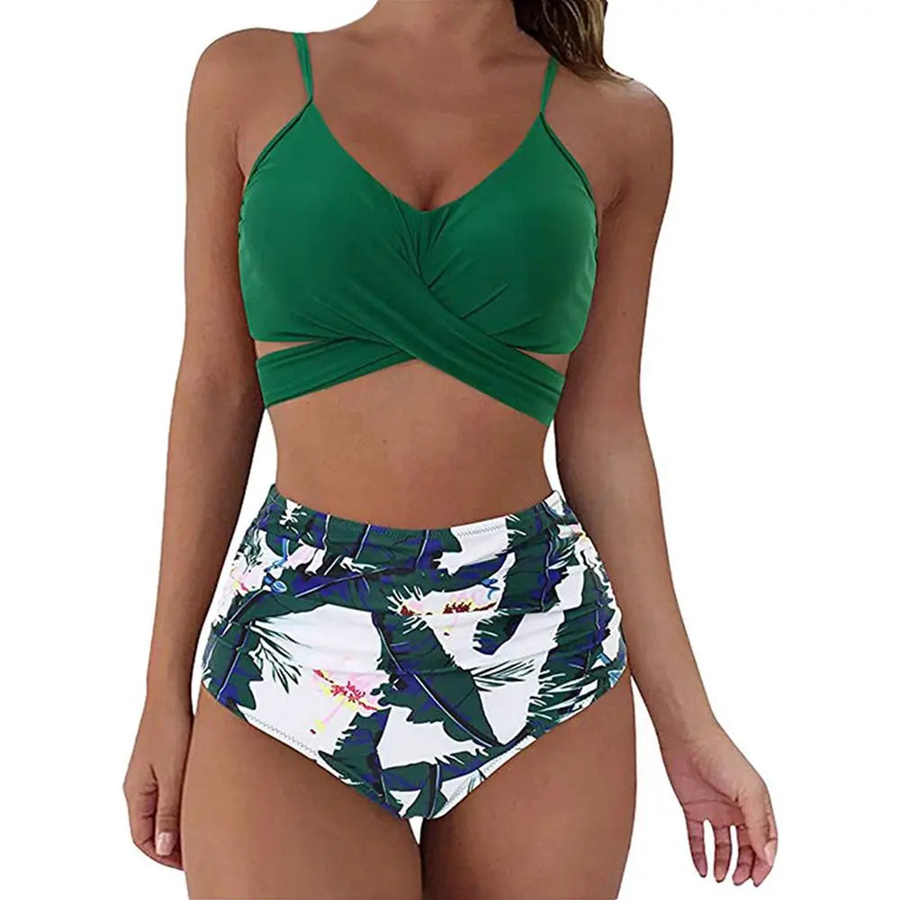 Women's bikini – Slim fit – Elegant crossover top – High-waisted ruched bottoms
