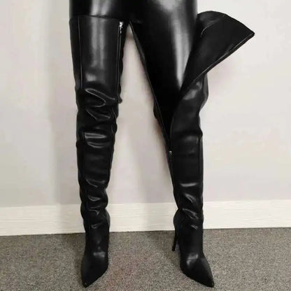 Bottes femme cuissardes – Talon haut – Bout pointu – Similicuir brillant – Fermeture zippée
