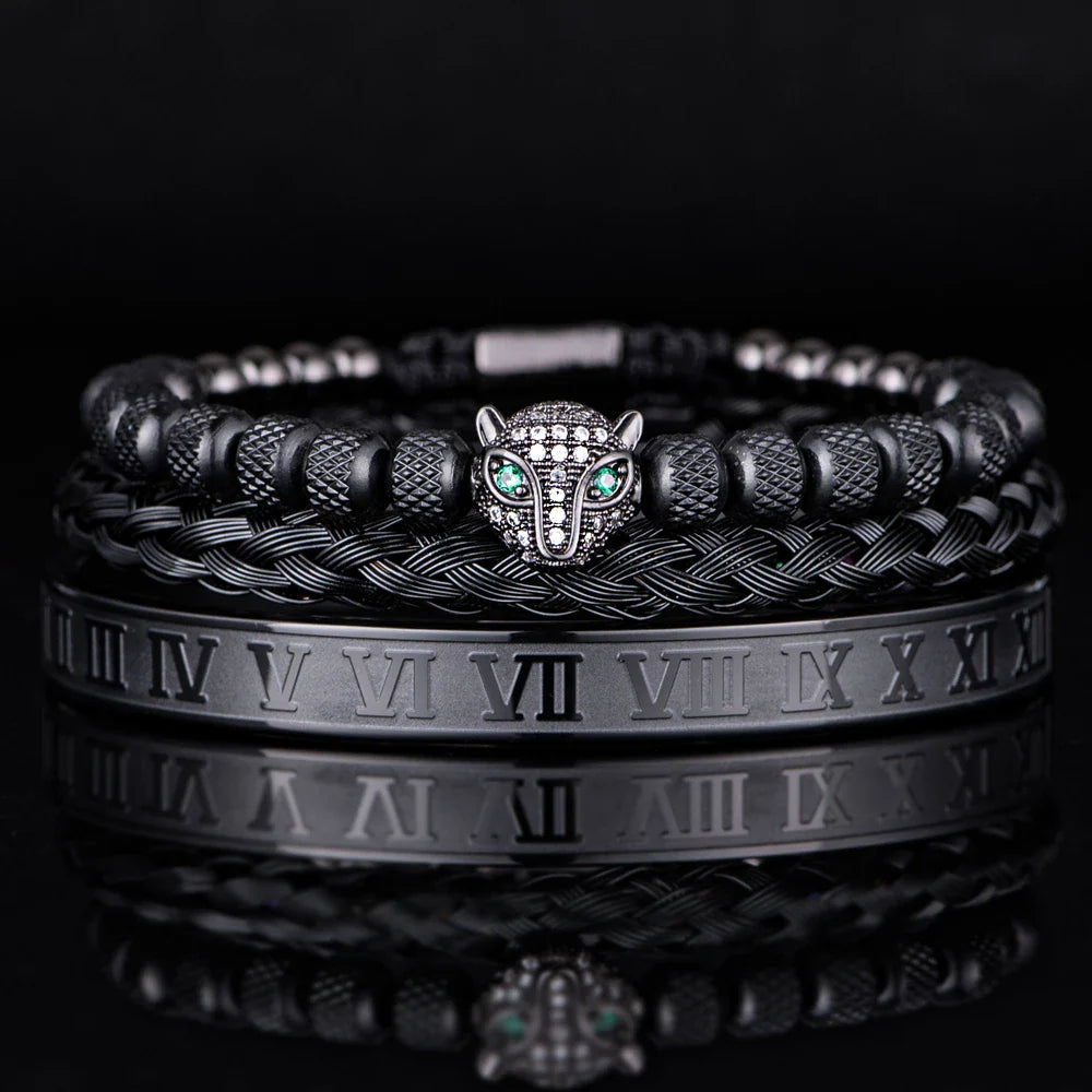 Bracelet Set With Crystal Panther Motif and Roman Numerals