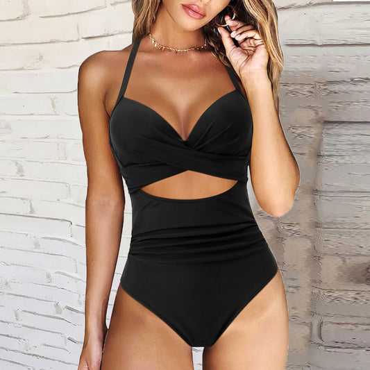 Women's 1-piece swimsuit – Push-up – High waist – Cut-out neckline – Backless