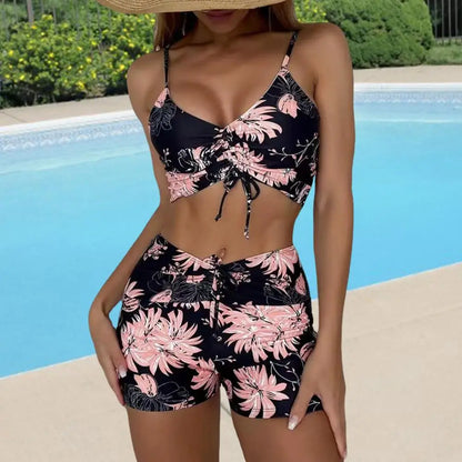 Bikini femme – Haut à col en V froncé réglable – Taille haute – Tissu respirant extensible