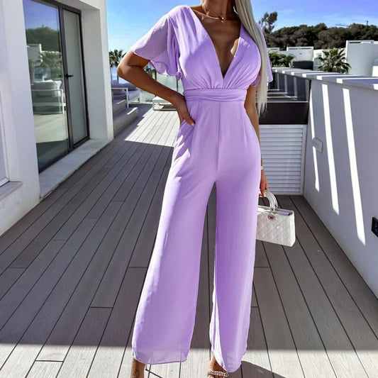Women's jumpsuit – Fitted waist – V-neck – Ruffled sleeves – Wide legs