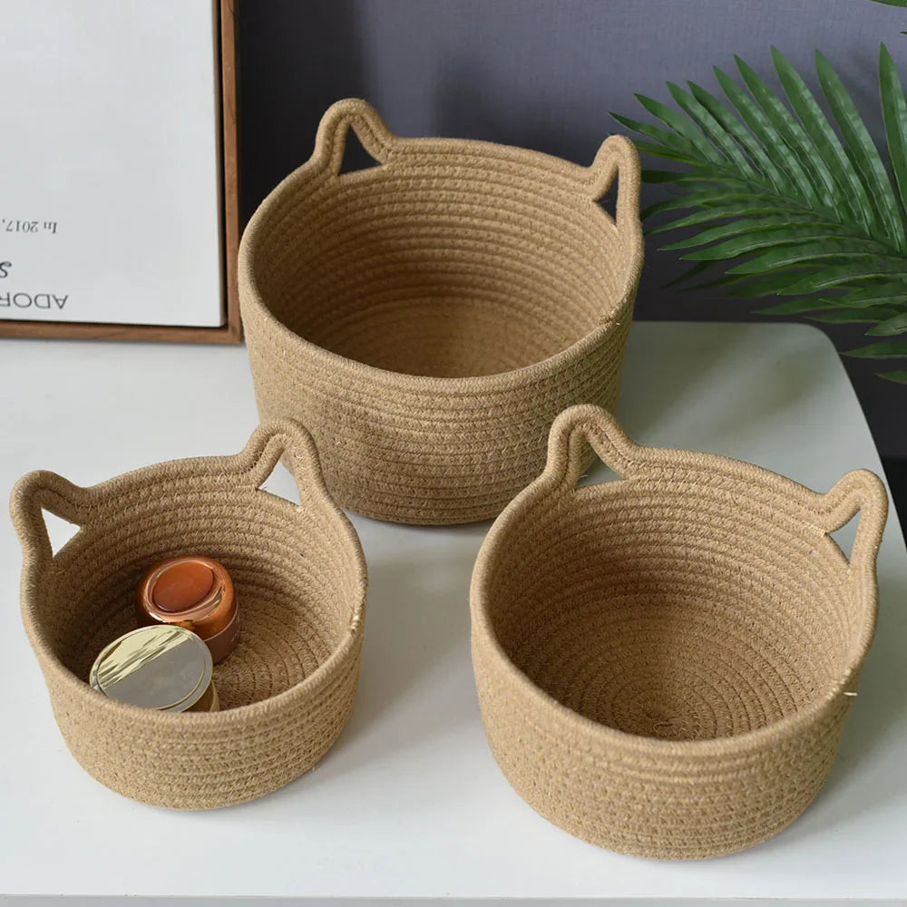Woven Cat-Ear Storage Basket Set of Three