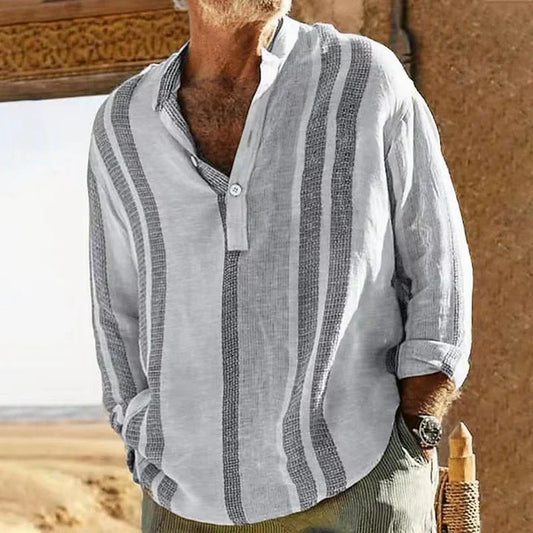 Men's casual shirt – Relaxed fit – Mandarin collar – Striped – Breathable fabric