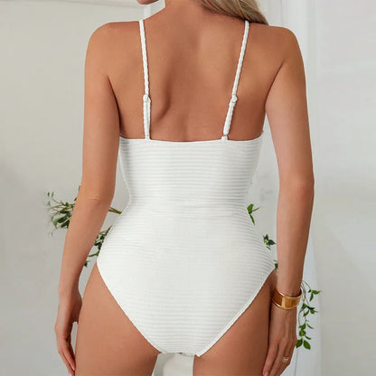 Women's 1-piece swimsuit – Plunging neckline – Ribbed – Knot detail – Fitted cut