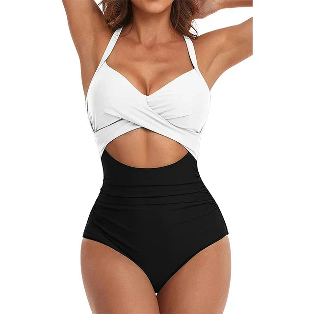 Women's one-piece swimsuit – Fitted cut – Cross-over neckline – Cut-out waist – Breathable fabric