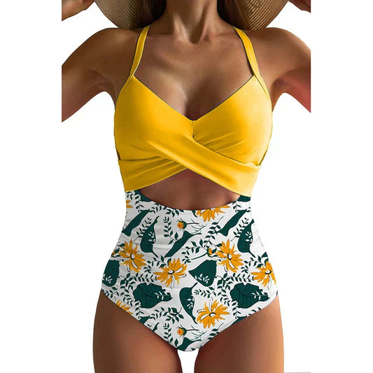 Women's one-piece swimsuit – Fitted cut – Cross-over neckline – Cut-out waist – Breathable fabric