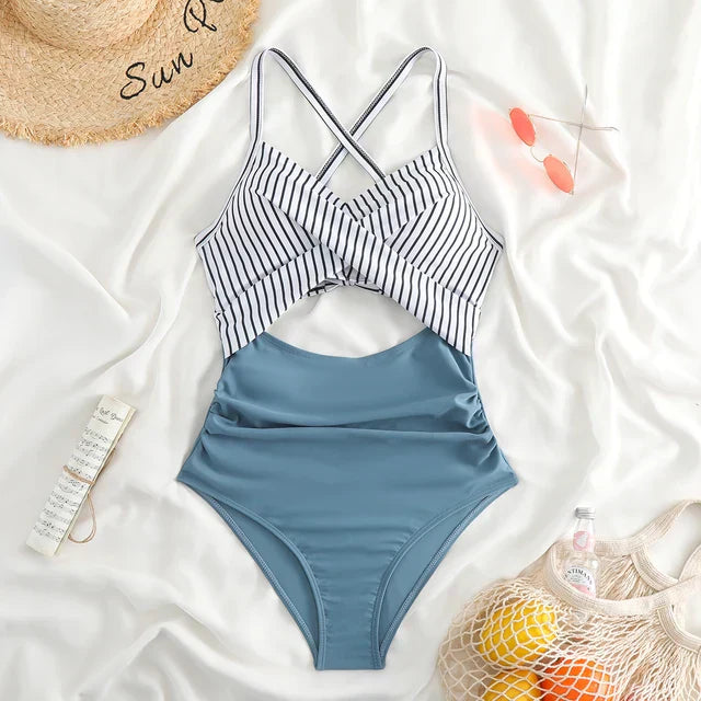 Women's one-piece swimsuit – Fitted cut – Cross-over neckline – Cut-out waist – Breathable fabric