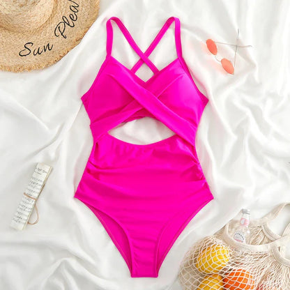 Women's one-piece swimsuit – Fitted cut – Cross-over neckline – Cut-out waist – Breathable fabric