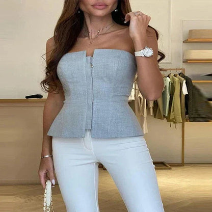 Top women's bustier – Fitted cut – Zipped closure – Peplum hem – Smooth fabric
