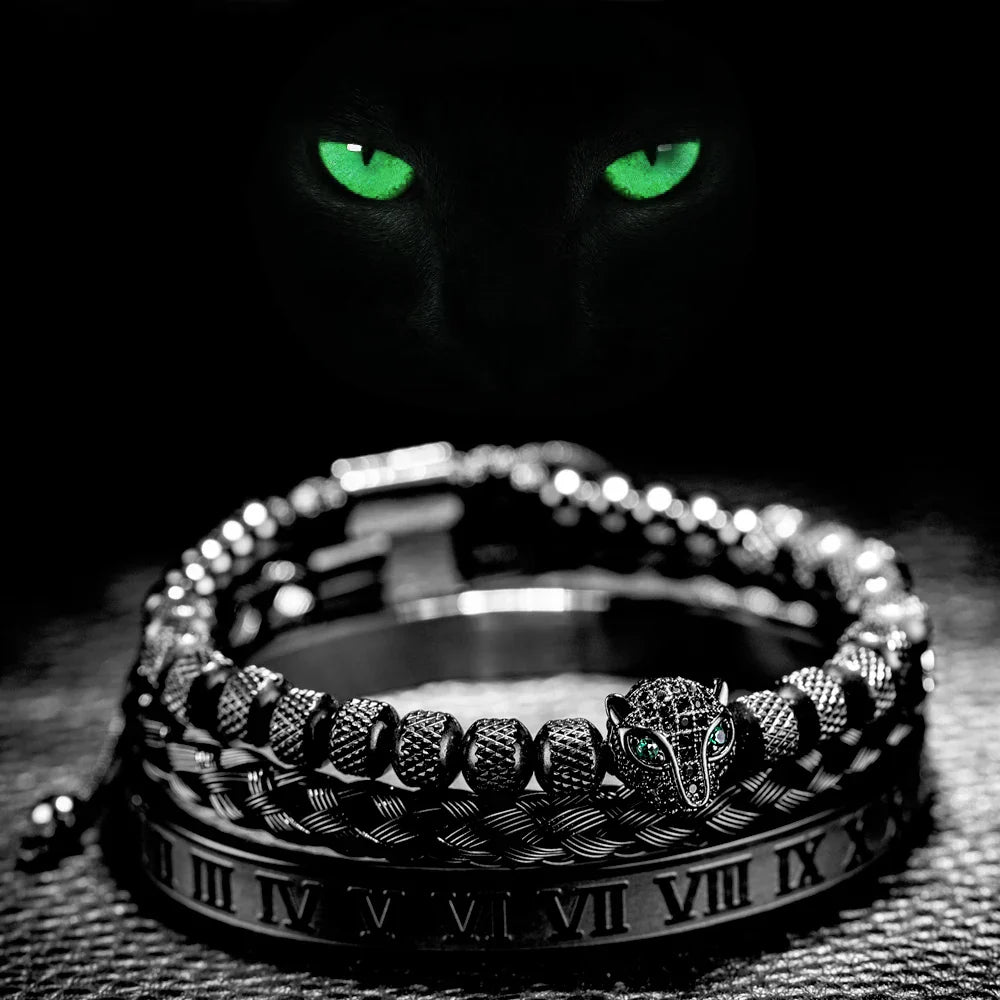 Bracelet Set With Crystal Panther Motif and Roman Numerals