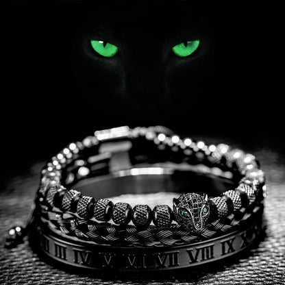 Bracelet Set With Crystal Panther Motif and Roman Numerals