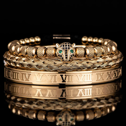 Bracelet Set With Crystal Panther Motif and Roman Numerals