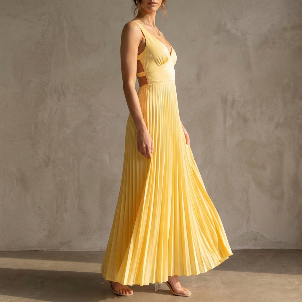 Twist-Front Pleated Maxi Dress for Women – Elegant & Party-Ready