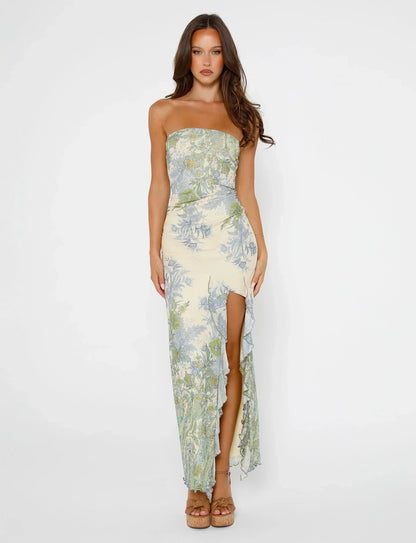 Robe longue femme – Sans bretelles – Imprimé fleuri – Fente haute – Tissu fluide
