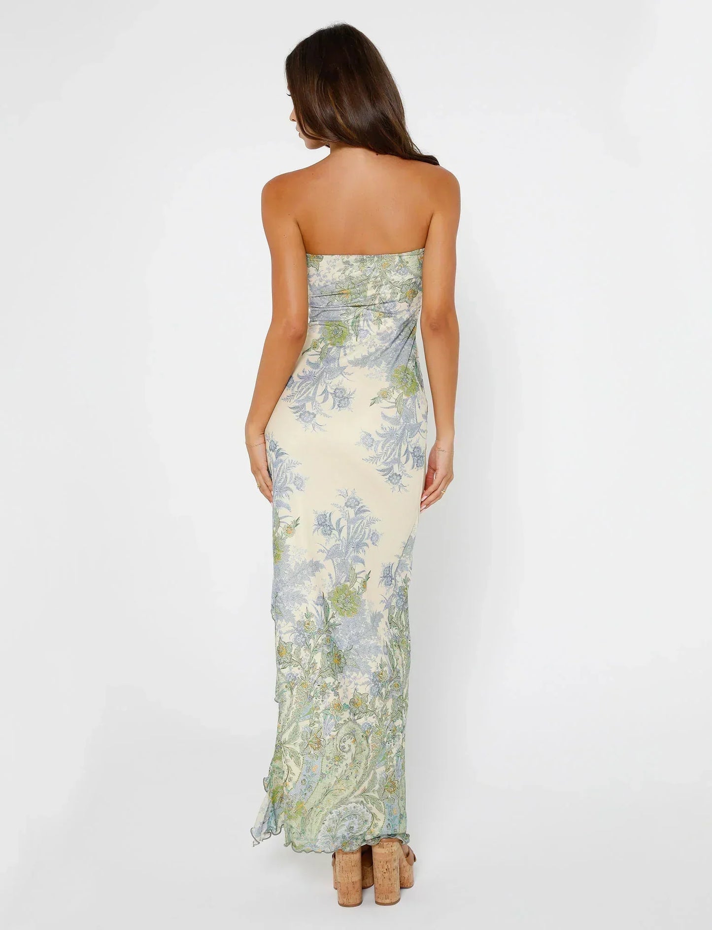Robe longue femme – Sans bretelles – Imprimé fleuri – Fente haute – Tissu fluide