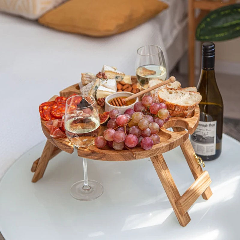Portable Oak Wood Wine Table With Foldable Legs