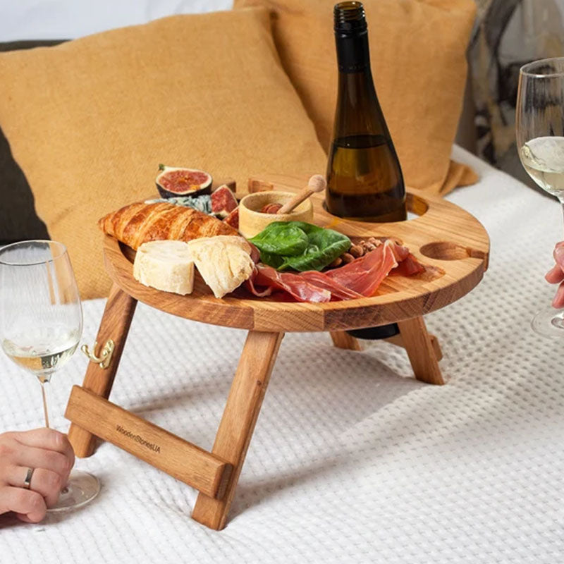 Portable Oak Wood Wine Table With Foldable Legs