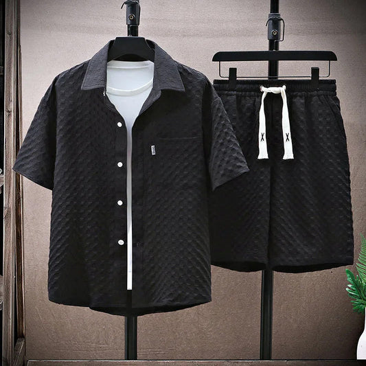 Men's streetwear set – Button-up shirt relaxed fit – Drawstring shorts – Breathable textured fabric
