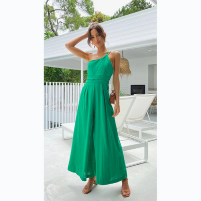 Women's Jumpsuit – Fitted Cut – Flared Legs – Asymmetrical Neckline – Breathable Fabric