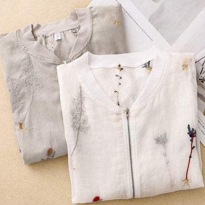 Embroidered Floral Bomber Jacket for Women – Breathable Linen Comfort