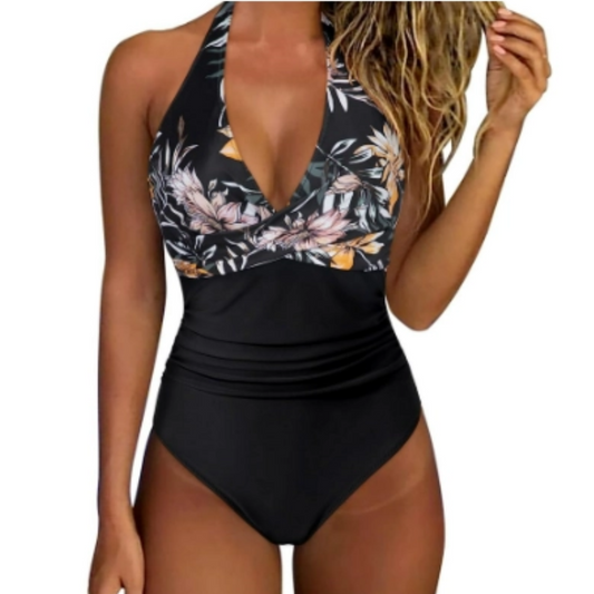 Women's 1 piece swimsuit – Halter neck – Plunging neckline – Ruched waist